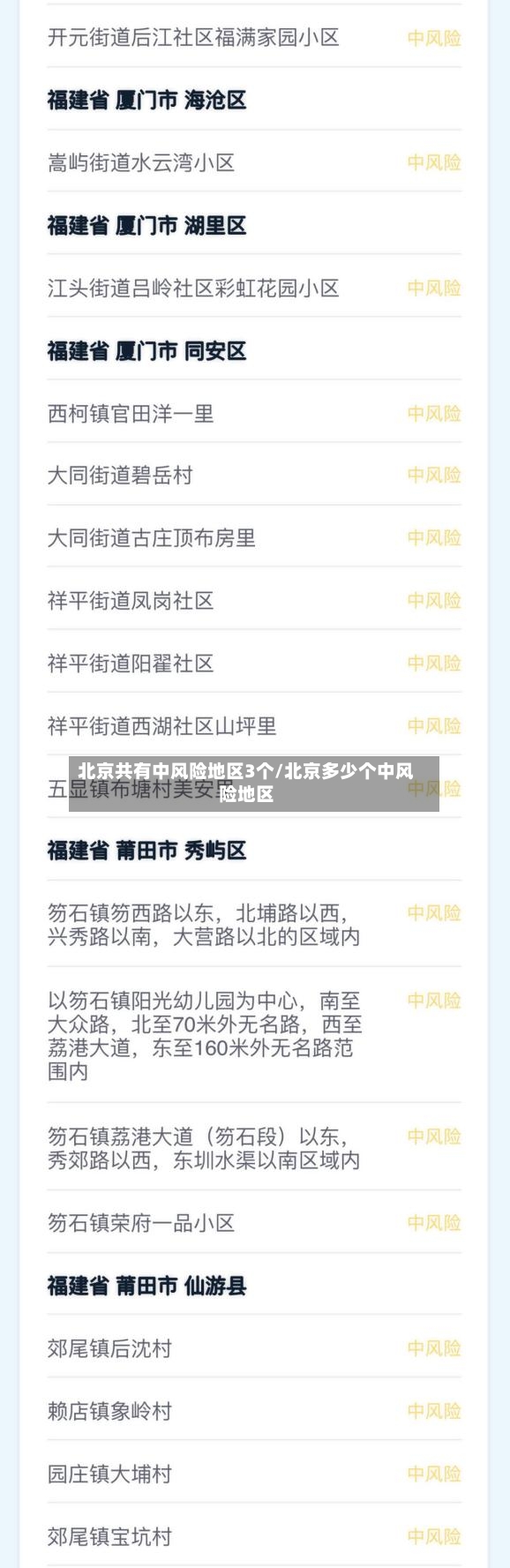 北京共有中风险地区3个/北京多少个中风险地区